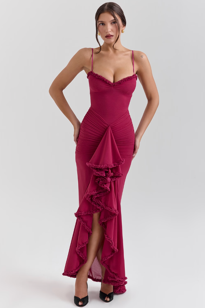 Leah | Robe Longue Fendue à Volants